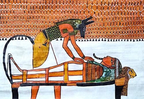 Riproduzione su papiro di Anubi e la mummia di Ramses II 0